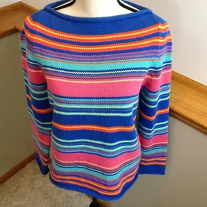 RALPH LAUREN Vintage 100% Cotton Rolled Hem Striped Pullover Sweater Women's M - Picture 1 of 9