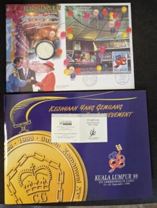 KL98 Malaysia 1998 SUKOM Commonwealth Games FDC inlaid 99.99% Pure Silver Coin - Picture 1 of 12