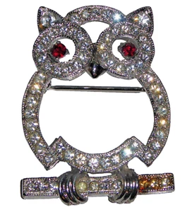 Vintage Eisenberg Owl Pin Silver Tone Metal White & Red Rhinestones - Picture 1 of 3