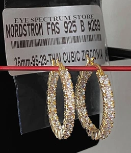 NORDSTROM FAS 925 Thai Cubic Zirconia Gold Earrings 25mm $95 NWOT #269 - Picture 1 of 2