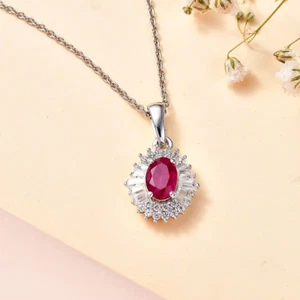 Montepuez Ruby and White Zircon Art Deco Pendant Necklace 20 Inches in Rh O Ster - Picture 1 of 12