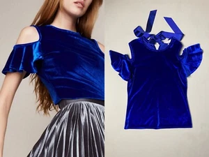 Ted Baker Stellah Top US sz 6 blue velvet grosgrain ribbon tie neck womens inv23 - Picture 1 of 17