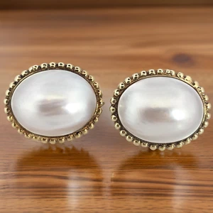 ORECCHINI ESTATE ORO MASSICCIO 14K GRANDI 19,7mm x 15,6mm MABE PEARL OMEGA BACK #8053 - Foto 1 di 8