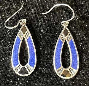 Ohrringe blau und schwarz Inlay Sterlingsilber 925 Birnen-/Tränenform - Bild 1 von 8