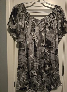 Cato Black White Gray Women's Blouse,top. Elastic Waist Short Sleeve Sz XL - Picture 1 of 7