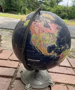 Dark Blue 12" Replogle Globemaster World Globe With Embossed Metal Base Vintage - Picture 1 of 7