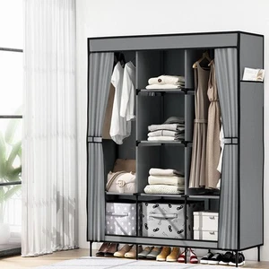 Large Portable Clothes Closet Wardrobe with Shelf Grey - Picture 1 of 9