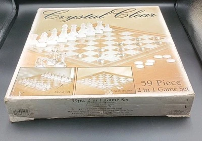 59-Piece Chess and Checkers Board Frosted & Clear Glass Crystal 2 in 1 Game Set - Image 1 of 4