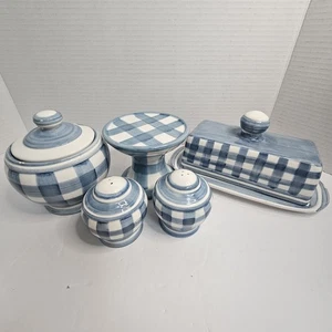 Vintage Gingham Plaid Ceramic 1999 Country Sugar, Salt Pepper Shaker Butter Dish - Picture 1 of 23