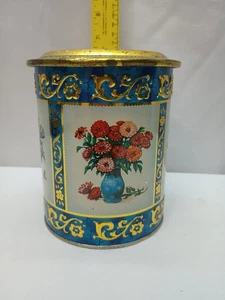 Floral Metal Tin w/Gold Scroll Details. Biscuit Container Made in Germany 6" VTG - Picture 1 of 12