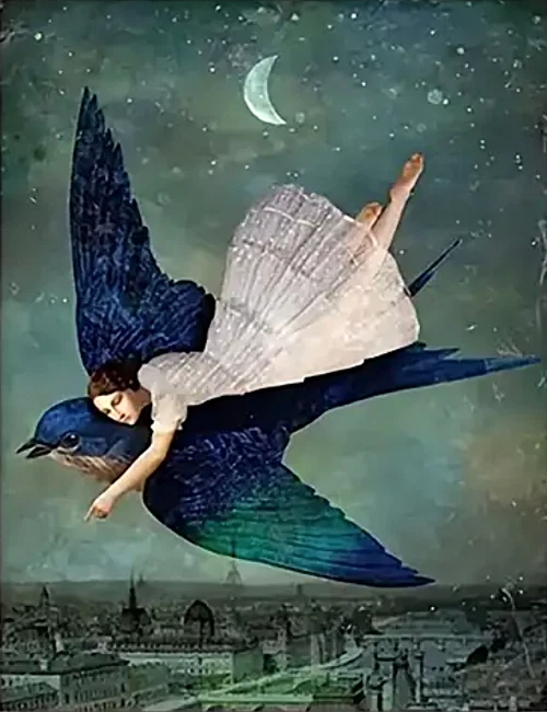 3 Sizes Woman Flying on Giant Bird at Night Fantasy Canvas Art Print Wall Decor - Изображение 1 из 1