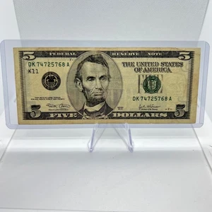Old Design $5 Dollar Bill *VF* Series 2003 (DK74725768A) Old US Paper Currency - Picture 1 of 2