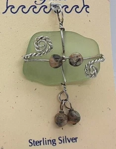 LUNASEA TREASURES SEA GLASS SEAFOAM GREEN w/ JASPER STERLING SILVER WRAPPED - Picture 1 of 3