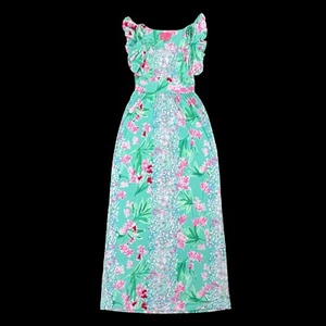 $228 Vestido Lilly Pulitzer PEQUEÑO Maxi Vestido Cristal Rosa Verde Largo Volantes Floral - Imagen 1 de 17