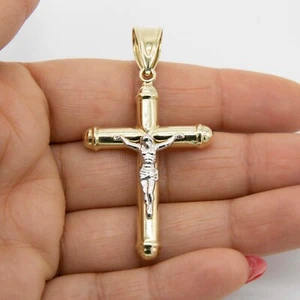 2 1/4" Jesus Crucifix Cross Tube Pendant Real 10K Yellow White Gold - Picture 1 of 7