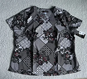 Koi Basics Scrub Top Women’s Sz 2X Leslie Patchwork Flower Black Nursing Medical - Picture 1 of 10
