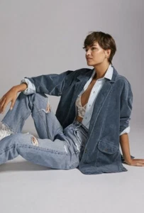 Anthropologie Pilcro Oversized Corduroy Blazer Jacket Coat Shacket Blue Sz L NEW - Picture 1 of 5