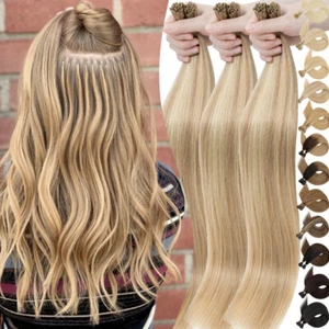 Real Remy Human Hair Extensions Stick I Tip Micro Ring Pre Bonded Keratin Tip US - Picture 1 of 25