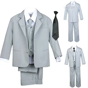 New 6pc Extra Neck tie + Boy Infant Toddler Light Silver Formal Suit Tuxedo S-20 - Picture 1 of 47