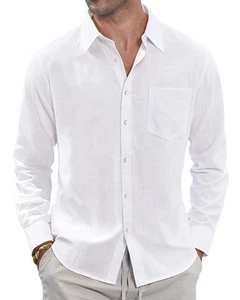Men's Long Sleeve Linen Button Down Shirts Casual Beach Wedding Shirt with Po... - Picture 1 of 5