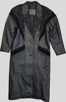 Abrigo de cuero Winlit vintage mediano negro largo trinchera con cinturón matriz grunge gótico Foto 1 de 4