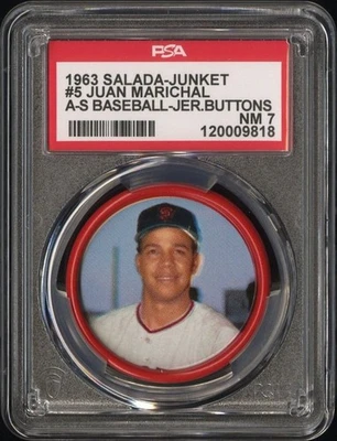 Pin de moneda de béisbol Salada 1963 5 Juan Marichal Gigantes de San Francisco PSA 7 casi nuevo Foto 1 de 2