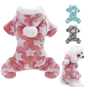 Small Dog Pajamas Flannel Jumpsuit Pet Puppy Cat Clothes Hoodie Pink Blue Grey - Picture 1 of 15