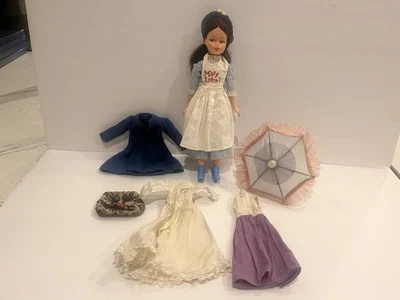 Vintage 60s Horsman MARY POPPINS Doll Lot w/ 3 Dresses Shoes Hat Parasol & Bag - Image 1 of 4