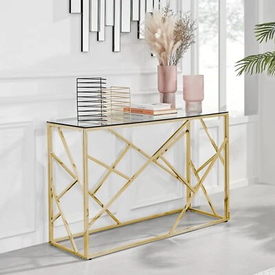 FURNITUREBOX UK Amalfi Rectangular Console Table Glass & Gold Chrome Living Room Hall