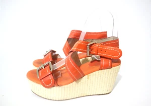 NINE WEST Size 6 Womens Leather Orange Open Toe Buckle Platform Espadrille Wedge - Picture 1 of 6