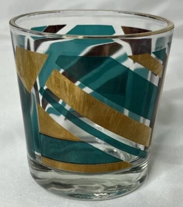 Vintage MCM Teal and Gold Geometric Rocks Glass Tumbler Cup Lowball Jeanette? - Picture 1 of 16
