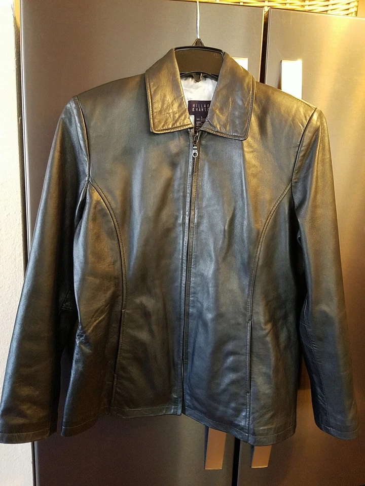 Women's HILLARD & HANSON 100% Genuine Leather Black Satin Poly Lining Size Large Foto 1 de 4
