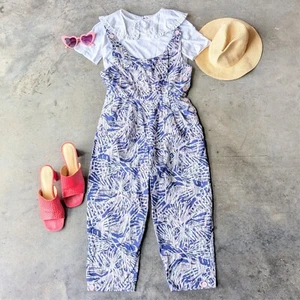 Vintage Joni Blair Blue White Pink Patterned Sleeveless Overall Jumpsuit - Picture 1 of 10