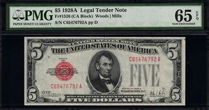1928A $5 Legal Tender FR-1526 - Graded PMG 65 EPQ - Gem Uncirculated - Picture 1 of 2