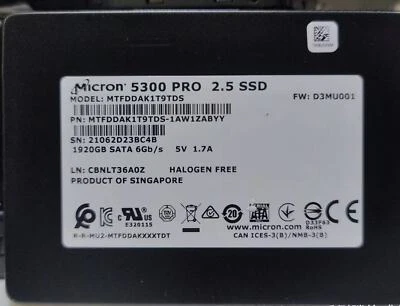 Micron 1.92TB 5300 PRO SSD SATA 2.5" Server Data Center MTFDDAK1T9TDS D3MU001 - Image 1 of 2