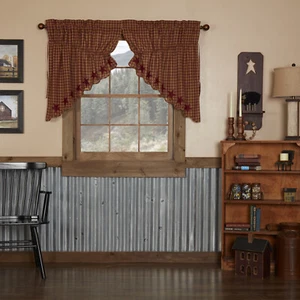 BURGUNDY STAR PRAIRIE CURTAIN 2 PC SET 36X36" SCALLOPED BURGUNDY / KHAKI LINED - Picture 1 of 1