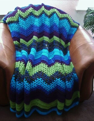 NEW HAND CROCHET BRIGHT ROYAL TURQ MULTI COLOR RIPPLE AFGHAN LAP BLANKET THROW - Image 1 of 4