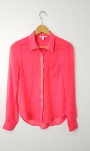 American Eagle Outfitters Neon Orange Sheer Long Sleeve Button Up Blouse Size XS - Picture 1 of 9