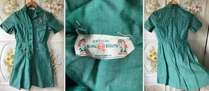 VTG 50s GIRL SCOUTS USA GREEN CHAMBRAY 100% COTTON FITTED DRESS TEEN SIZE EUC - Picture 1 of 11