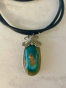 Rustic turquoise pendant necklace on leather cord ( Hand-made) - Picture 1 of 3