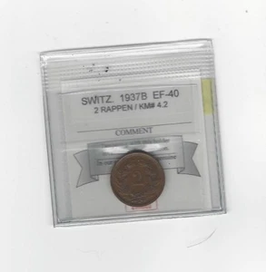 1937 B Switzerland, 2 Rappen, Coin Mart Graded**EF-40** KM# 4.2 - Picture 1 of 1