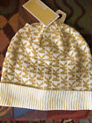 NEW WITH TAGS Michael Kors 537336 Logo Gold-Tone Metallic Knit Beanie Cream One 