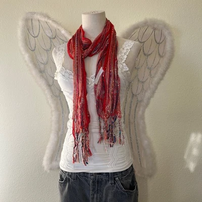 Red Sparkle Fringe Scarf Women Boho Festival Accessory Indie Sleaze Bright - Image 1 of 4