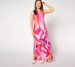 Susan Graver Regular Printed Liquid Knit A-Line Back Tie Maxi Dress Berry/Orchid - Picture 1 of 1