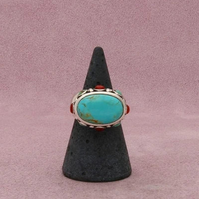 Anillo grueso plata esterlina turquesa y coral talla 6 Foto 1 de 3