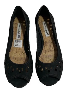 American Eagle Flats Womens Black 6 Open Toe Slip On Shoe Perforated Comfort - Изображение 1 из 4