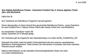 DB Bahn Freifahrt Flex 2. Klasse Hin- und Rückfahrt | gültig bis 05. Juni 2026 - Bild 1 von 2