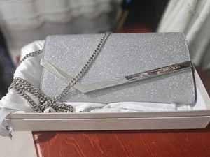 Jimmy Choo Silver Fine Glitter Emmie Bag w/Chain Clutch $875 Retail - Picture 1 of 7