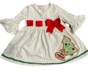 Bonnie Jean Christmas Dress 2T Tree Holiday White Rhinestones Cotton EUC - Picture 1 of 4