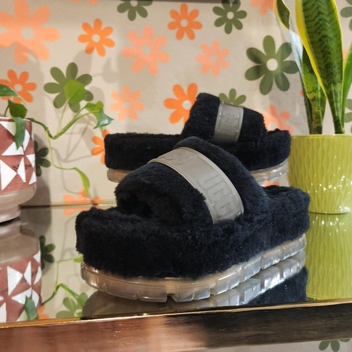Ugg slide in pelliccia nera plateau plateau plateau ""Fluffita Clear